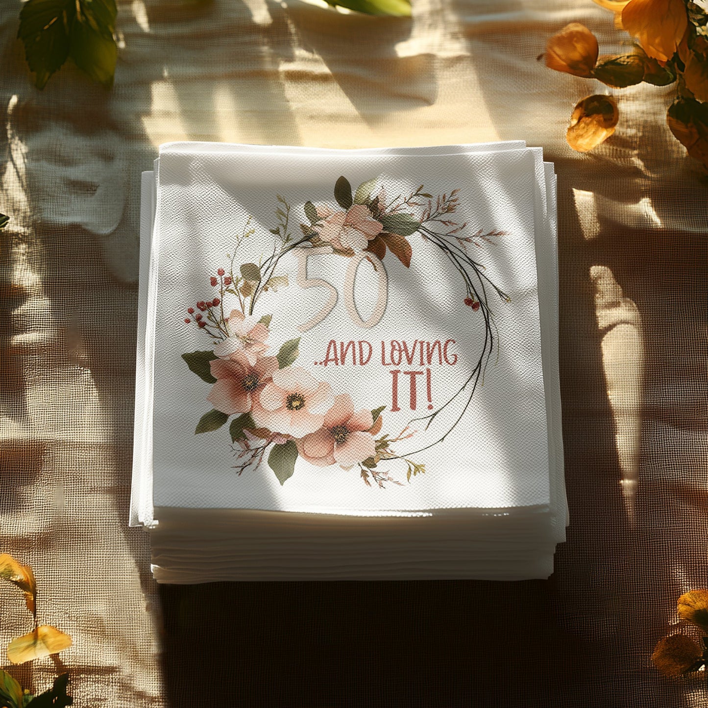 Fun and festive custom napkins for birthdays, featuring the cheerful Loving It design.