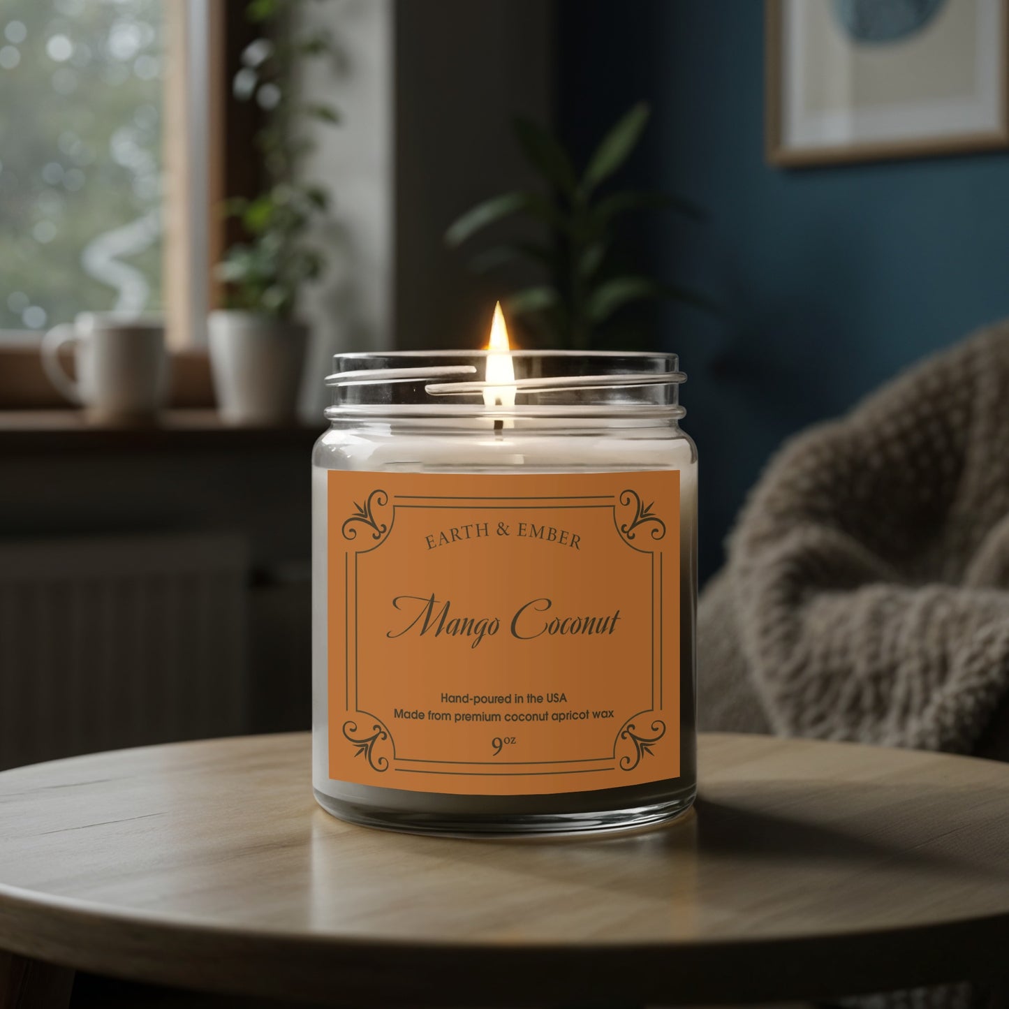 Mango Coconut scented candle glowing softly to create warm, relaxing ambient lighting.