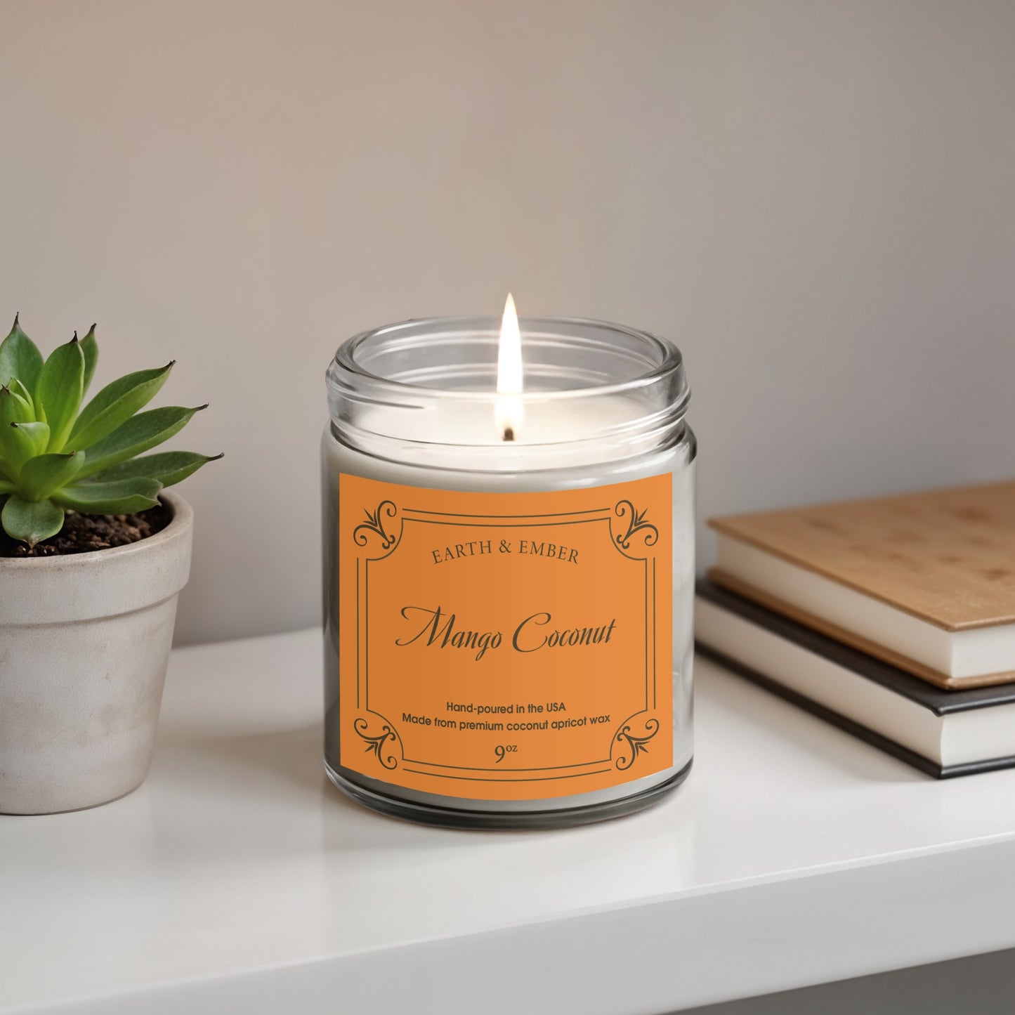 Mango Coconut scented candle styled as vibrant home decor, adding fresh, exotic, and aromatic ambiance.