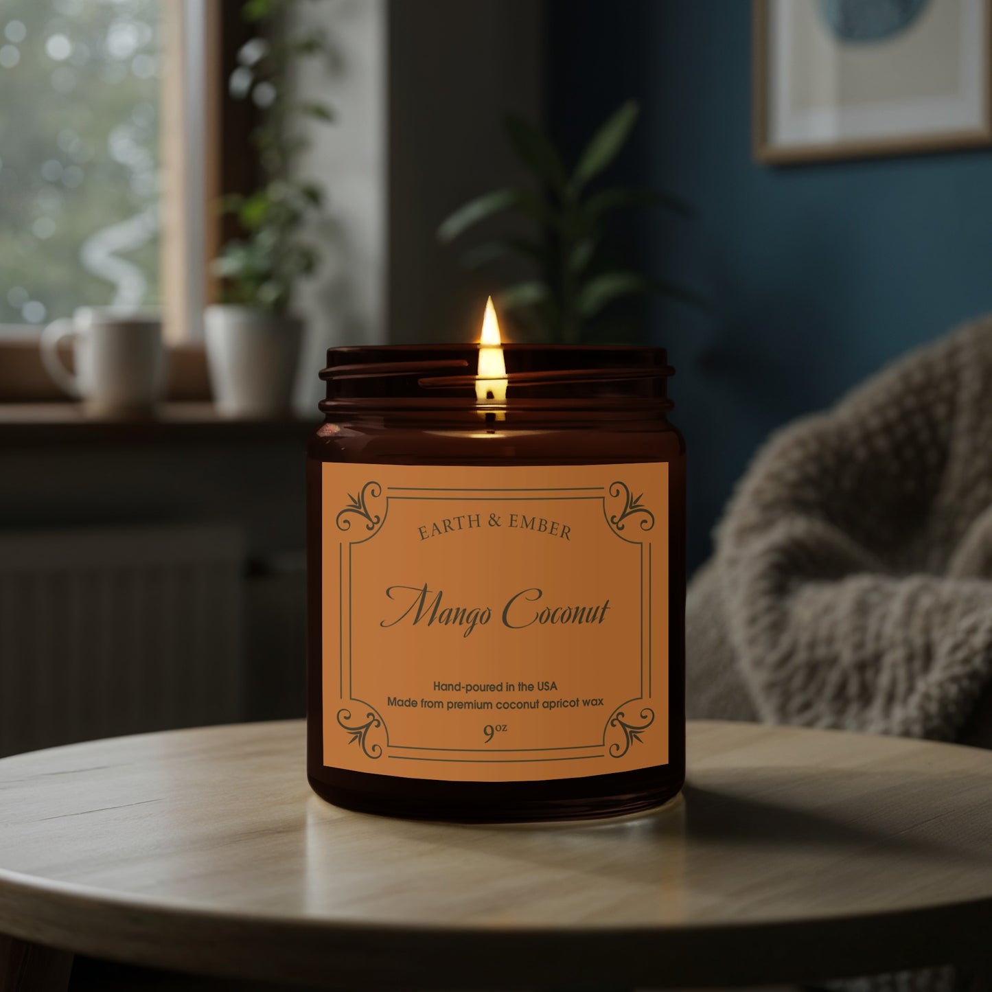 Close-up of Mango Coconut scented candle wick and creamy wax highlighting tropical fragrance.