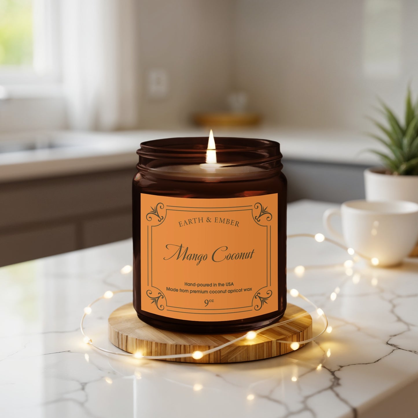 Mango Coconut scented candle featured in bright lifestyle setting with natural textures and greenery.
