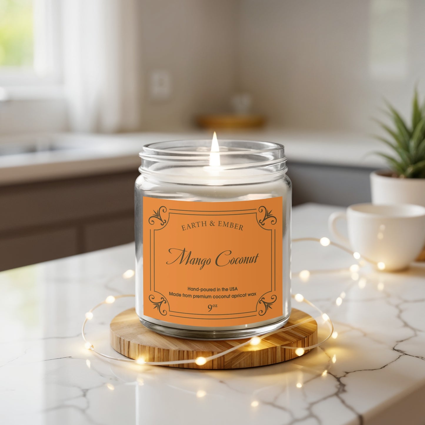 Mango Coconut scented candle displayed with trendy home decor elements for fresh, inviting atmosphere.