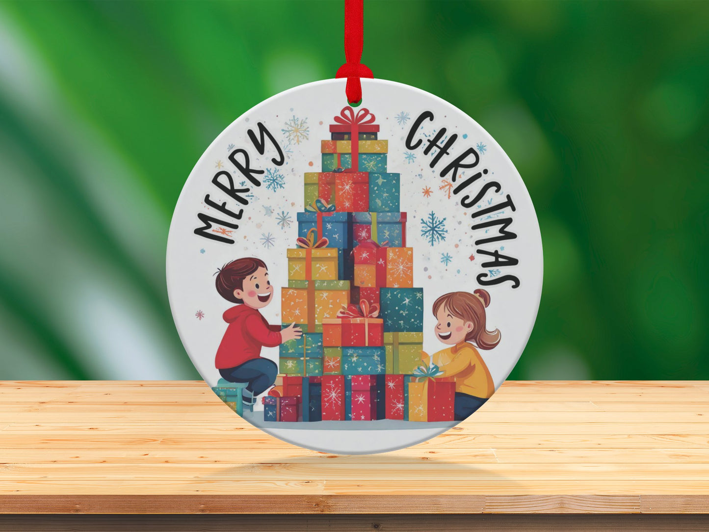Round aluminium Christmas ornament with happy children and presents, a heartwarming festive accent