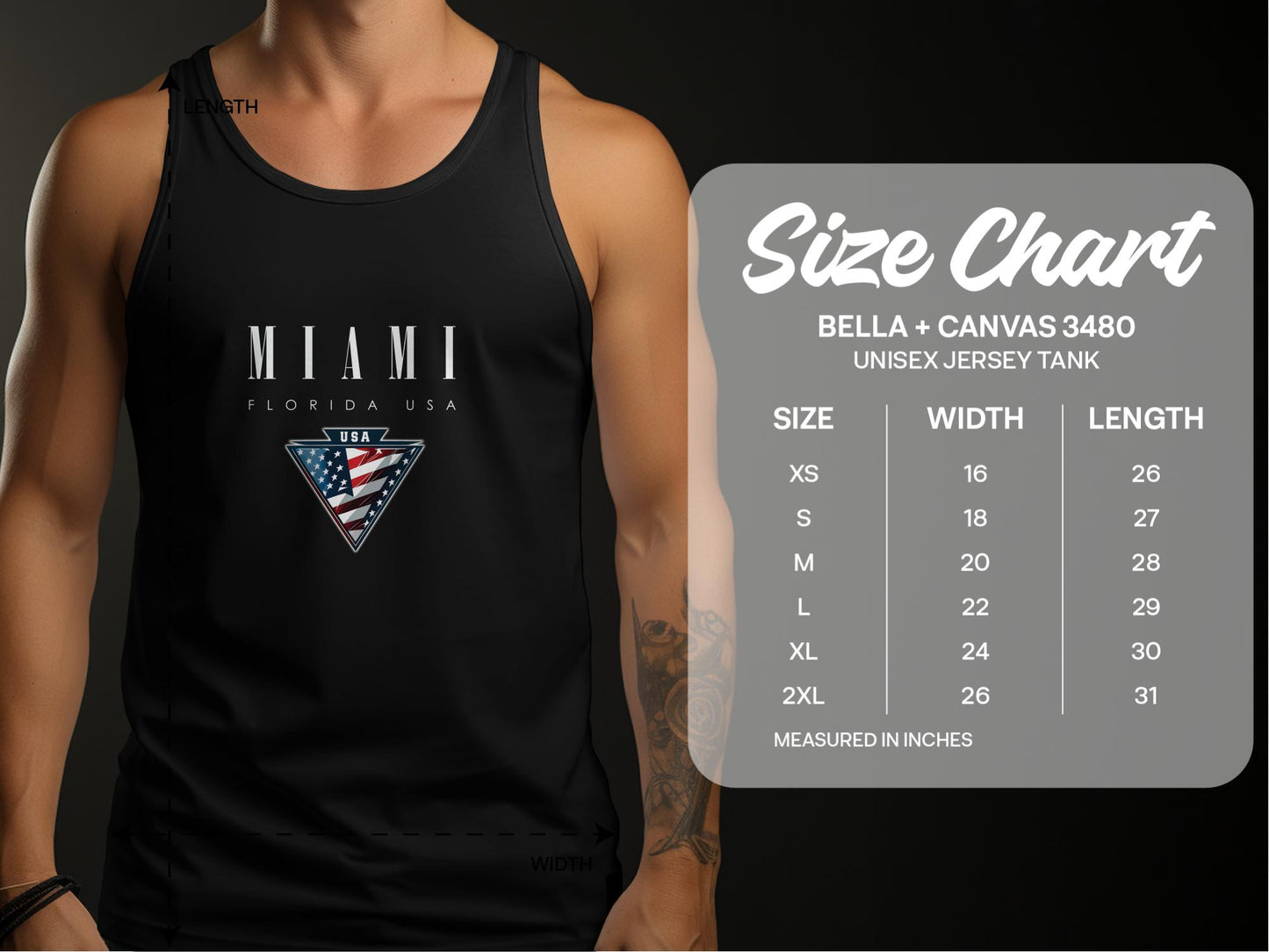 Miami Tank Top size chart S–2XL with chest width and length measurements for a perfect unisex fit.