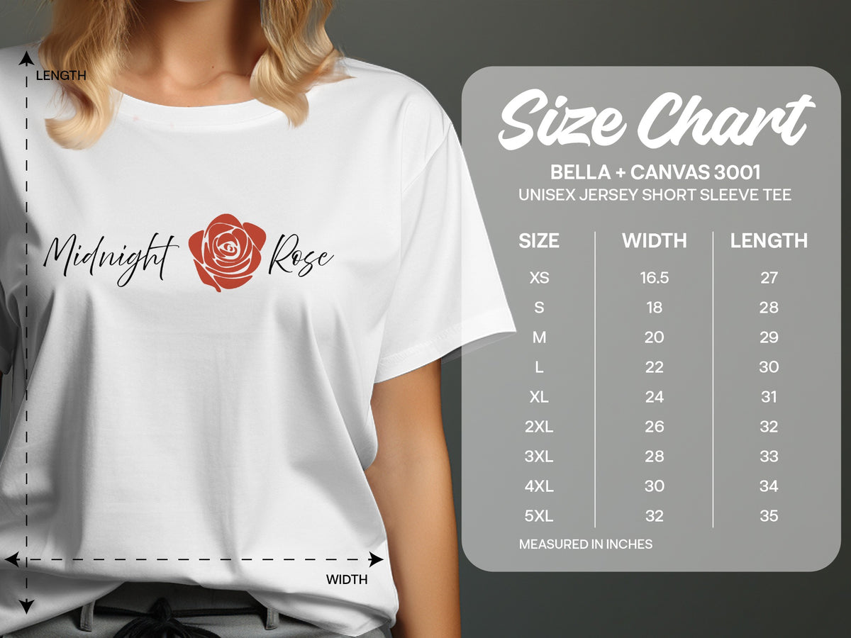 Size chart for the Midnight Rose graphic T-Shirt, showing chest width and body length measurements in inches for sizes S-3XL.