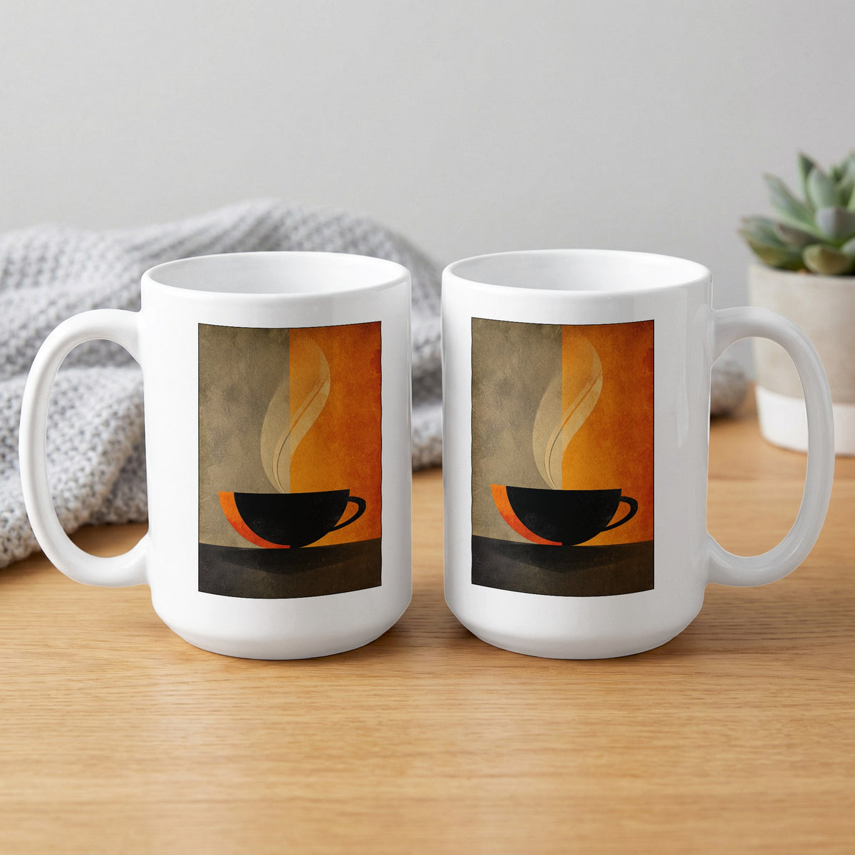 15oz Minimalist Coffee and Steam Mug showing both sides with minimalist cup artwork and contrasting olive and orange panels.