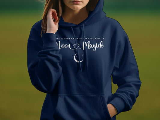Moon Magick Hoodie featuring mystical celestial graphic, unisex sizing, cotton blend, classic fit, and draw cord hood.