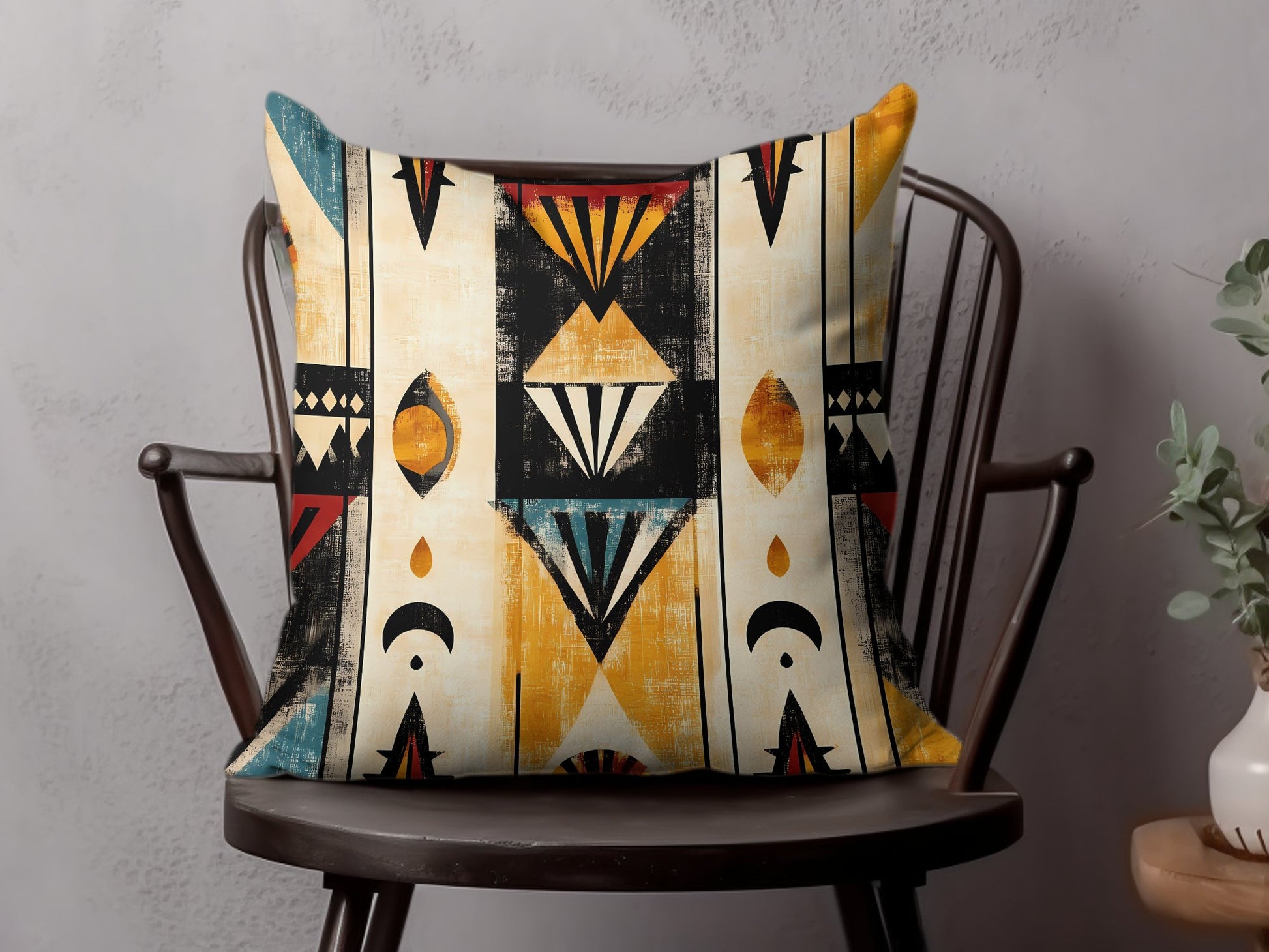 Mystic Nomad throw pillow with hidden zipper and colourful art, ideal for living rooms, beds, or sofas.