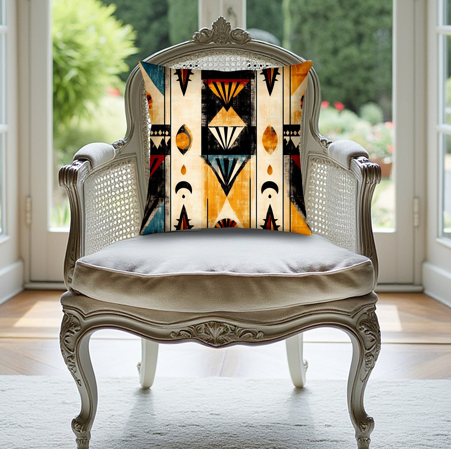 Mystic Nomad throw pillow crafted for modern interiors, featuring a hidden zipper and vivid double-sided design.