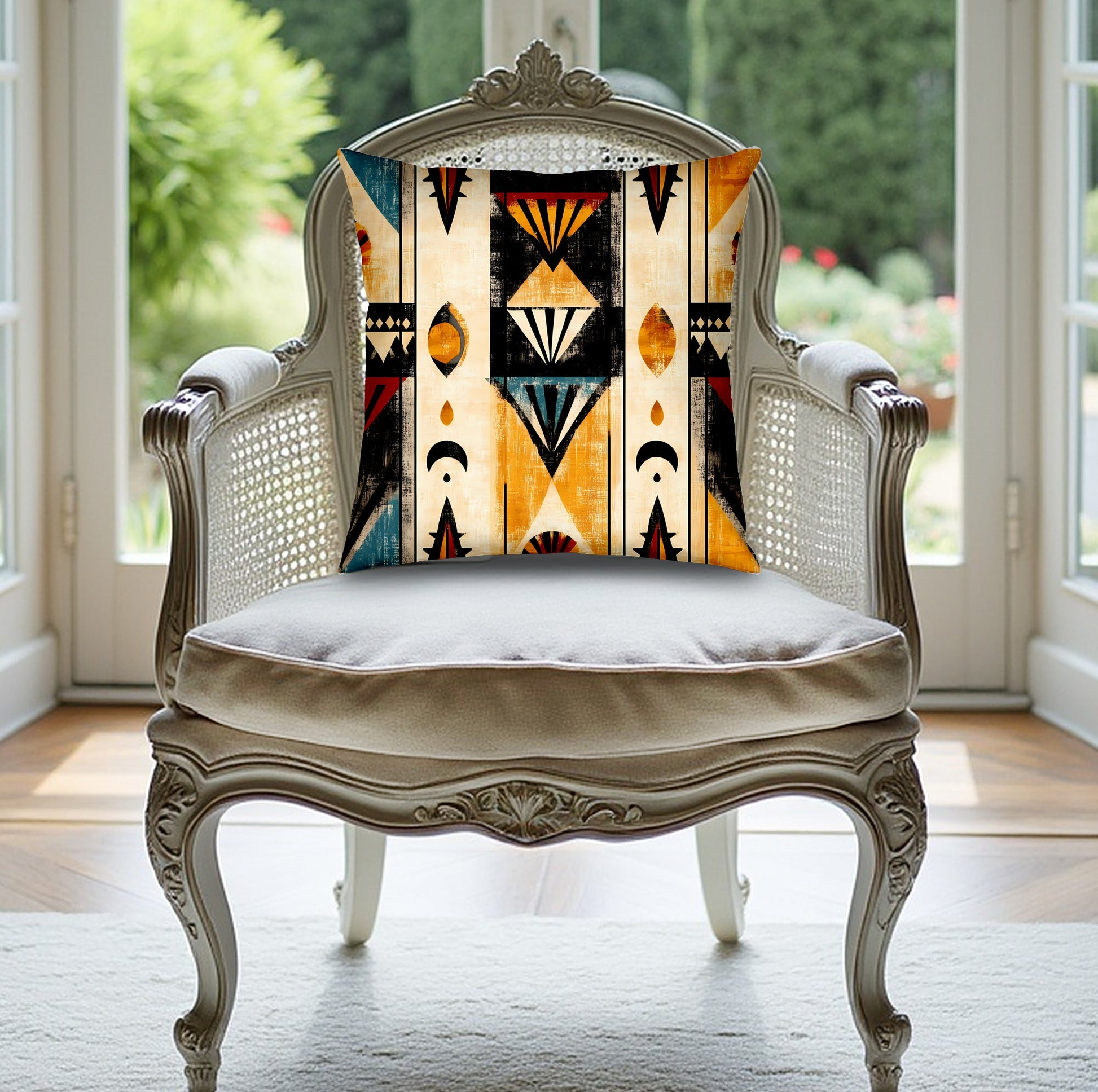 Mystic Nomad throw pillow crafted for modern interiors, featuring a hidden zipper and vivid double-sided design.