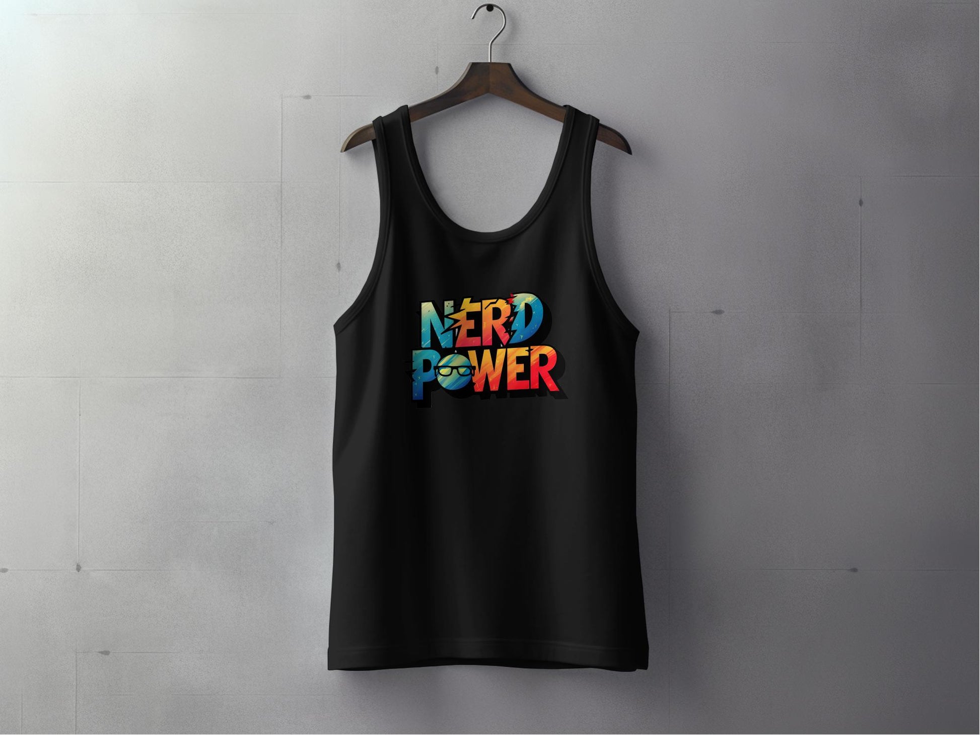 Nerd Power Tank Top in black, extra light fabric with scoop neck, unisex and relaxed for confident everyday wear.