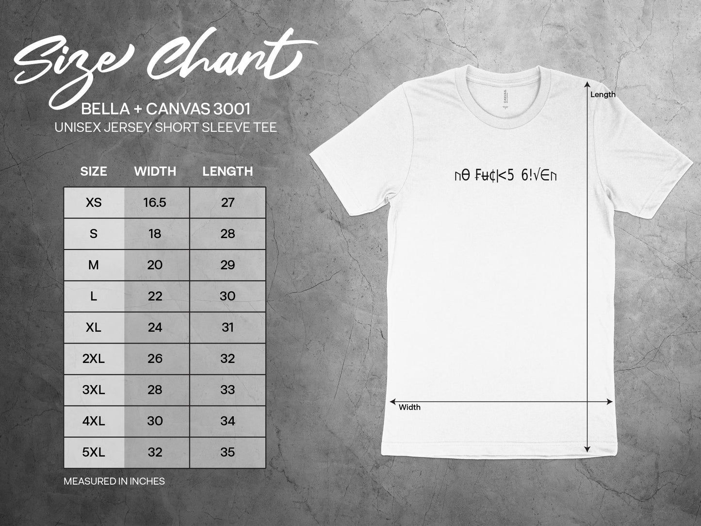Unisex size chart for No Fcks Given T-shirt, from S to 3XL, offering a comfortable, true-to-size fit in soft cotton.