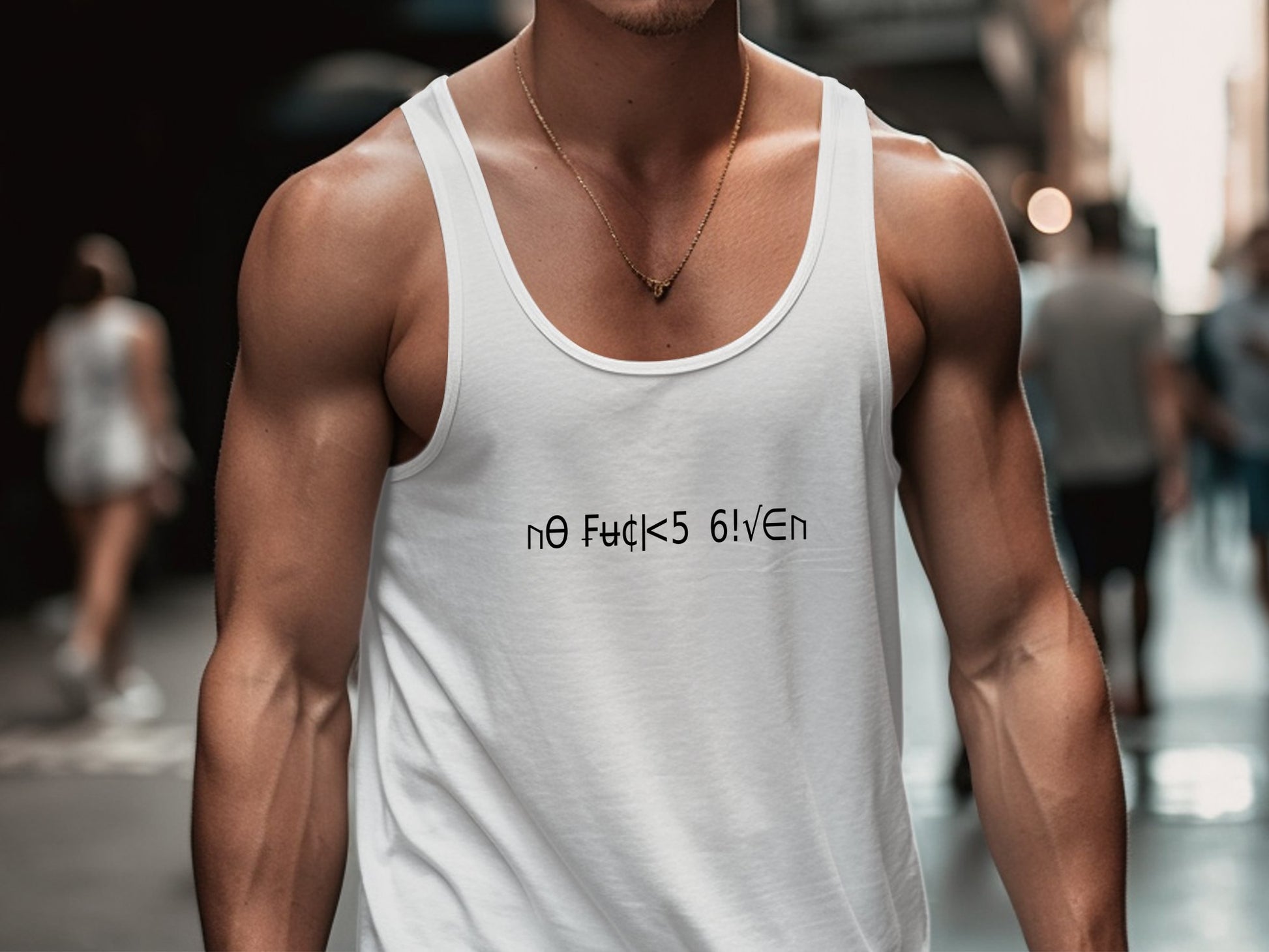 White No Fcks Given Tank Top with sleeveless cut and airy cotton feel, styled for casual confidence.