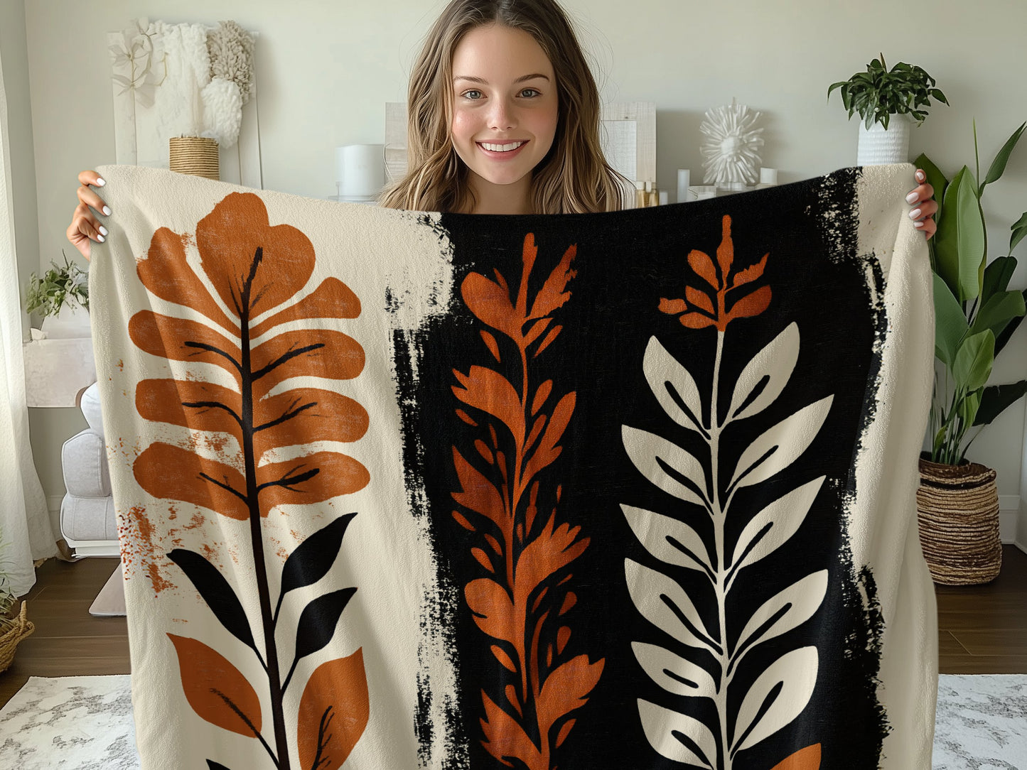 Model holding Nomadic Essence Arctic Fleece Blanket 50x60 inch, showing off its plush, warm texture and soft fleece feel.