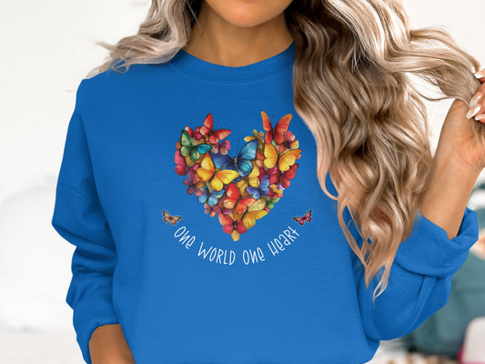 Royal Blue One World One Heart Sweatshirt, unisex fit with crew neck, soft cotton blend, and seamless design for comfort.