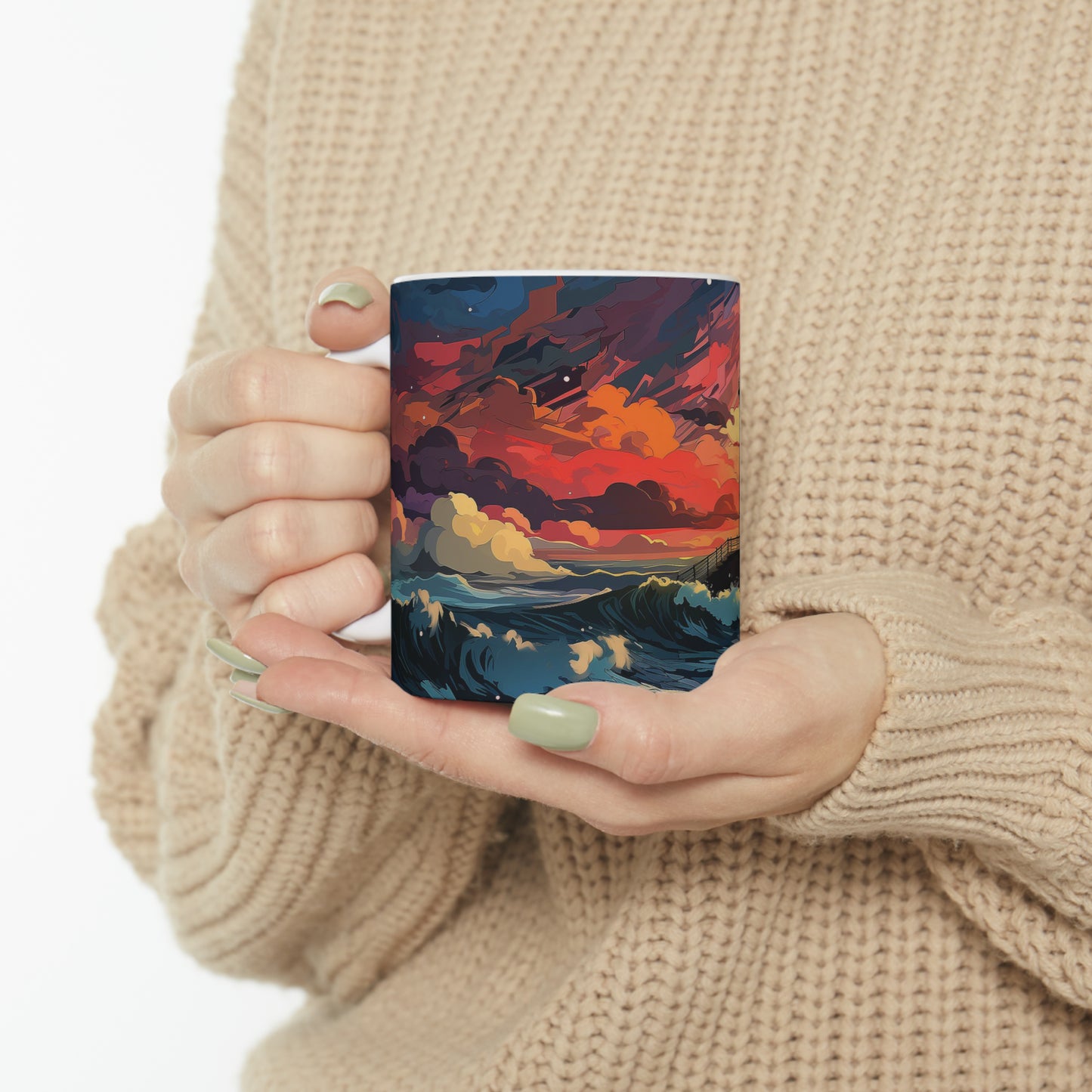 Ceramic mug held in hand, showing lighthouse print, curved handle, glossy finish, cylindrical form.