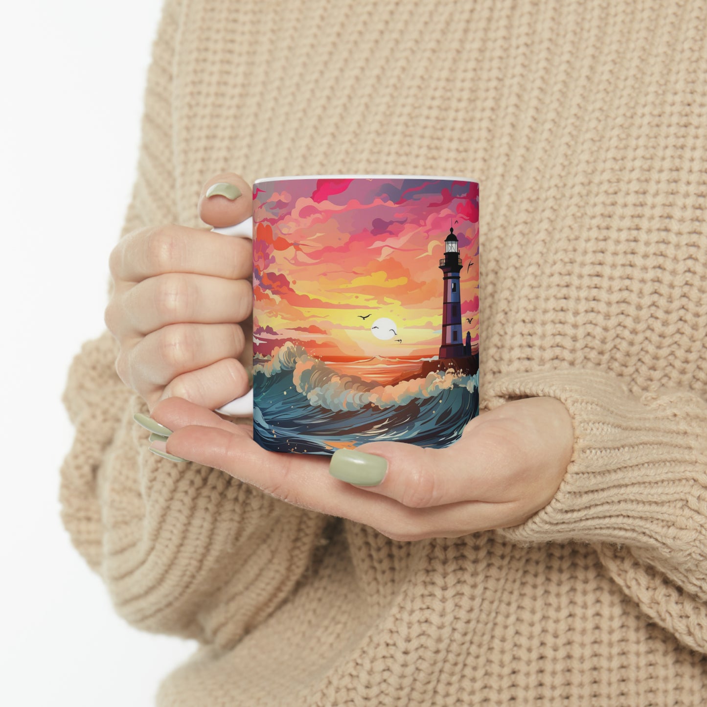 Handheld Pastel Lighthouse Mug with vibrant coastal artwork featuring a lighthouse, crashing waves, seabirds, and sunset sky.