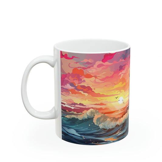 11oz ceramic mug with a dreamy pastel lighthouse design, perfect for sipping coffee with a coastal view