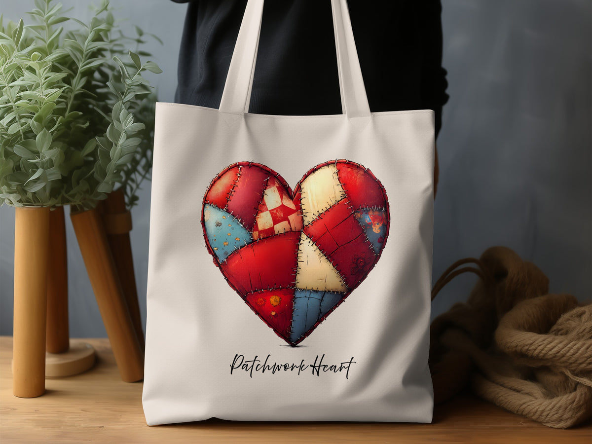 Patchwork Heart Tote Bag with angular red and burgundy panels, cream patches, diagonal seams and a blue pointed base above 'Patchwork Heart' black lettering.