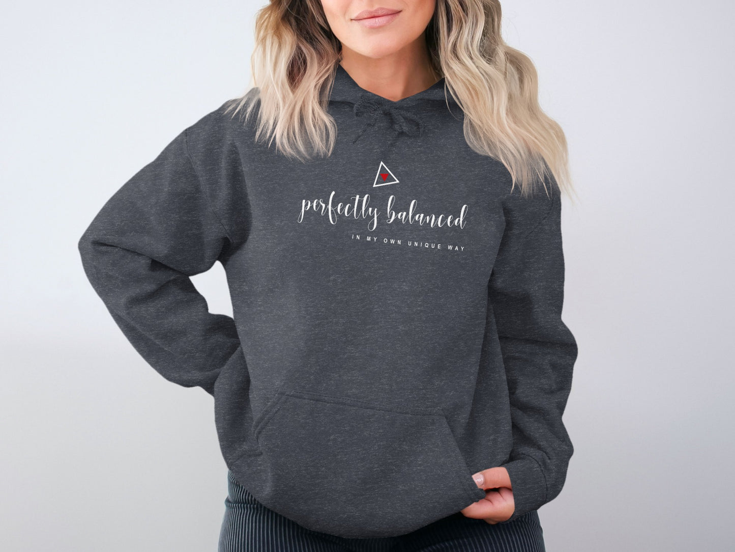 Dark Heather fleece hoodie with bold minimalist slogan, roomy front pocket, and soft brushed lining for warmth and daily wear.