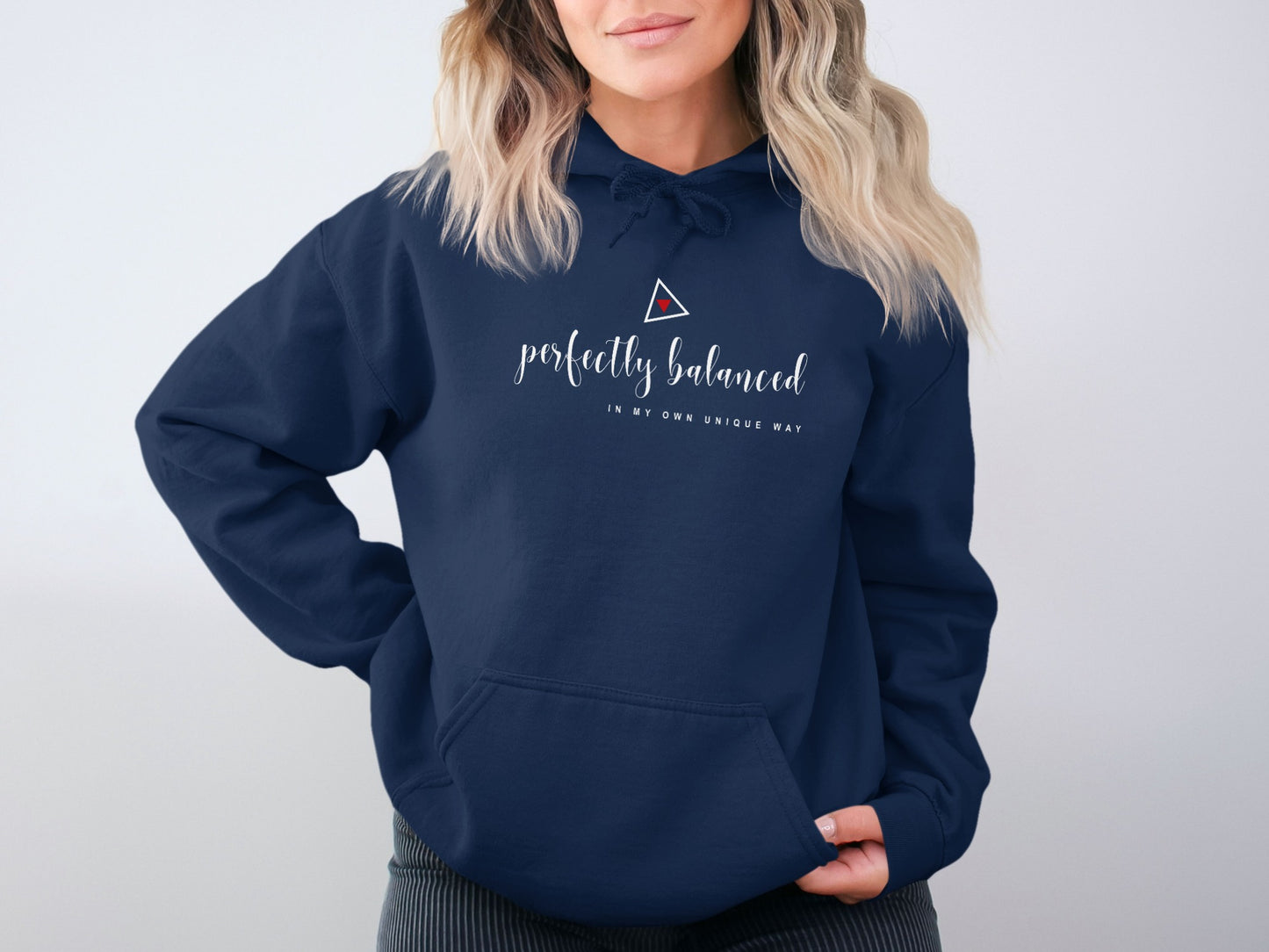 Navy Perfectly Balanced hoodie with soft cotton blend, centered spiritual text design, and ribbed cuffs for warmth.