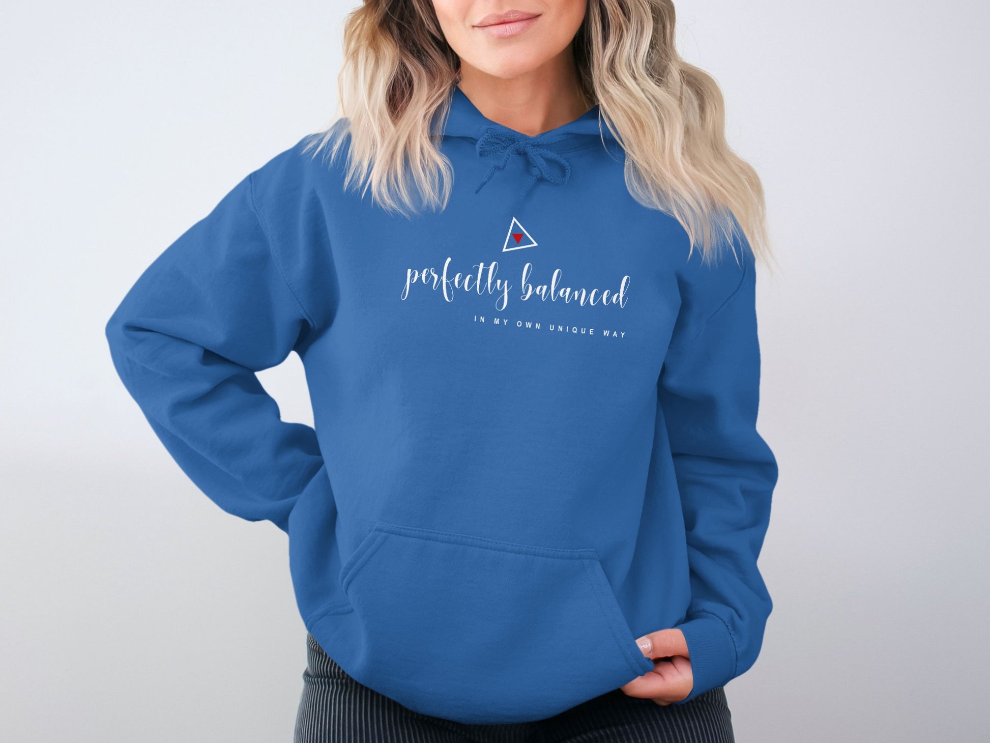 Royal blue spiritual hoodie with Perfectly Balanced design, fleece interior, long sleeves, and casual unisex fit.