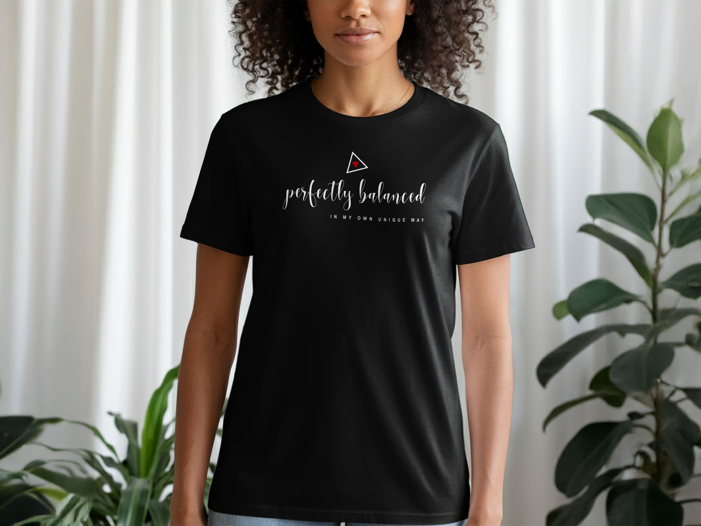 Black Perfectly Balanced T-Shirt with modern design, soft cotton, and empowering message for mindful living.