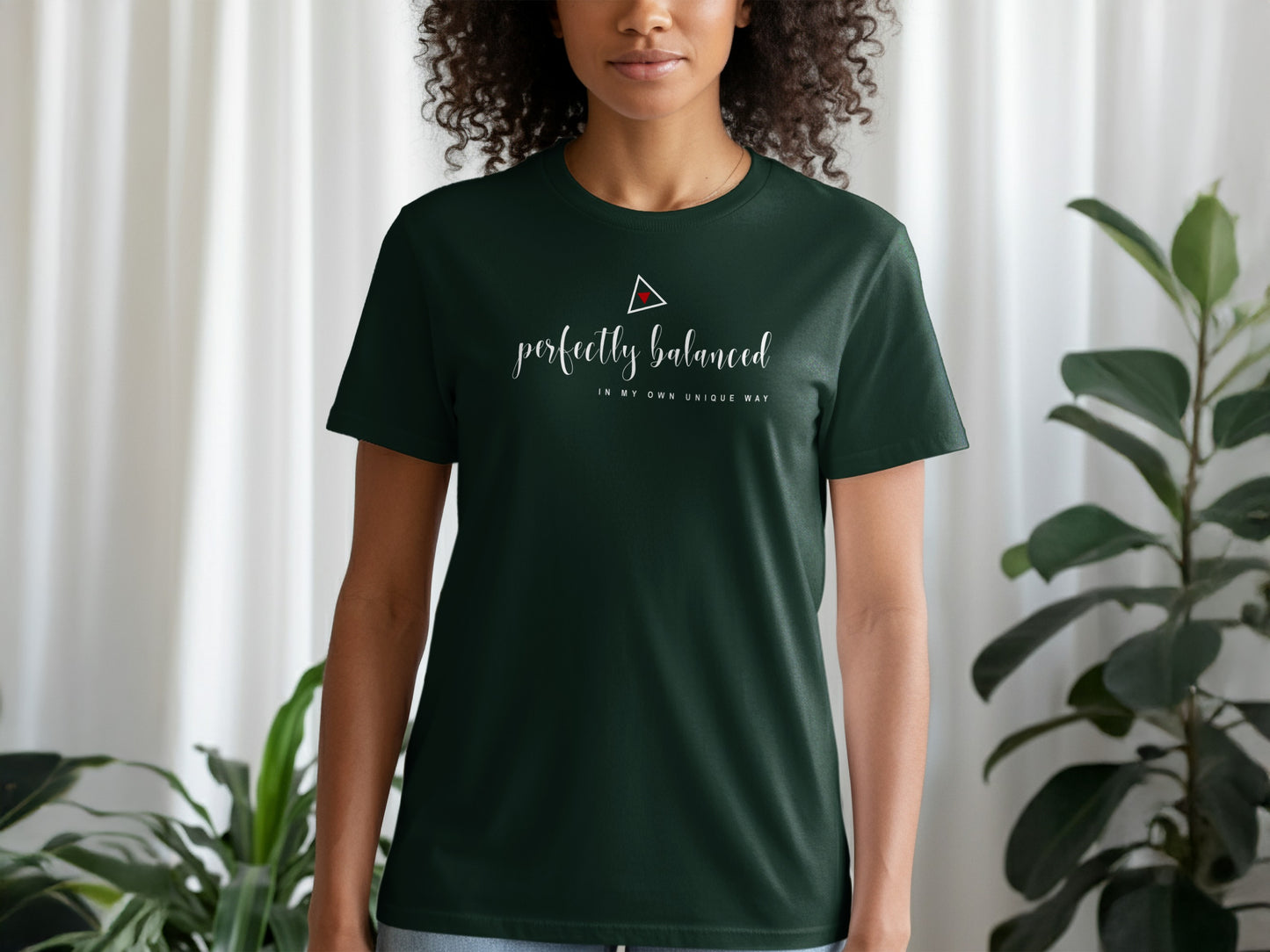 Forest green Perfectly Balanced Tee with grounding tones, spiritual balance motif, and soft unisex comfort.