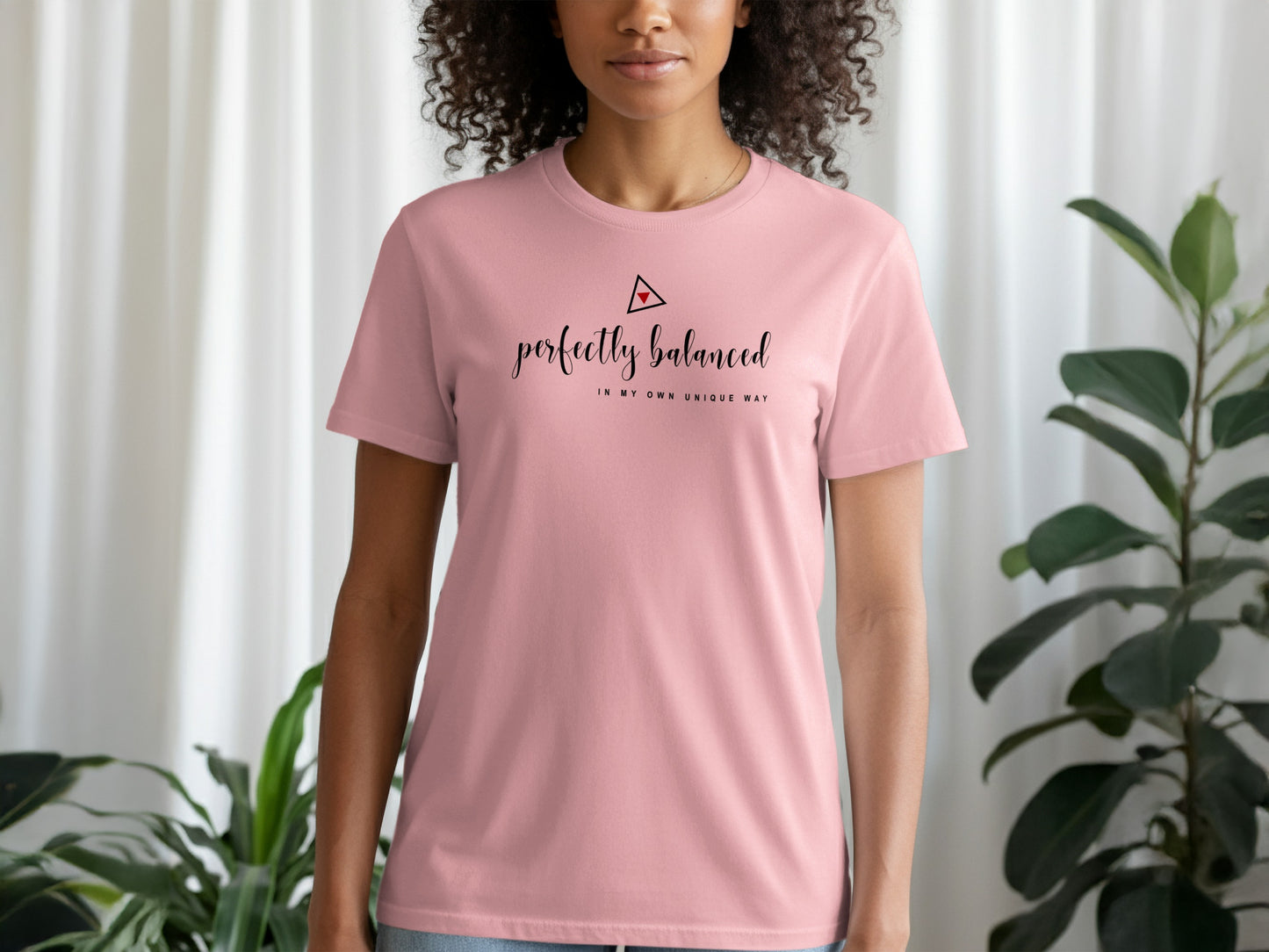 Pink Perfectly Balanced short sleeve t-shirt with inspirational balance print, soft fabric, and calming, motivational vibe.
