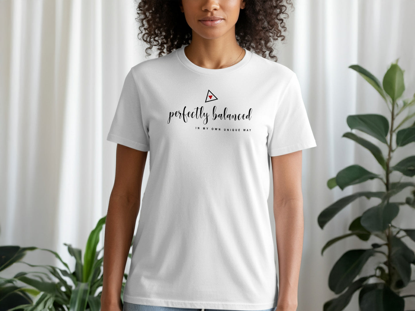 White Perfectly Balanced crew neck t-shirt with clean graphic, airy feel, and minimalist design for wellness and clarity.