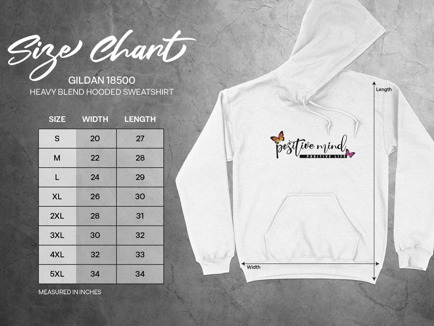 Size chart for Positive Mind Positive Life Hoodie, with unisex sizing from small to 3XL, including measurements.