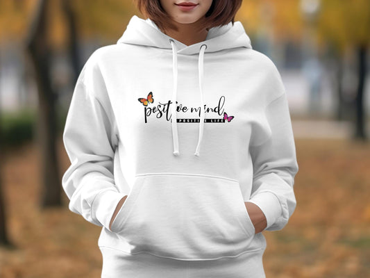 Positive Mind Positive Life Hoodie featuring a motivational design, cotton blend fabric, classic fit, and adjustable draw cord hood.