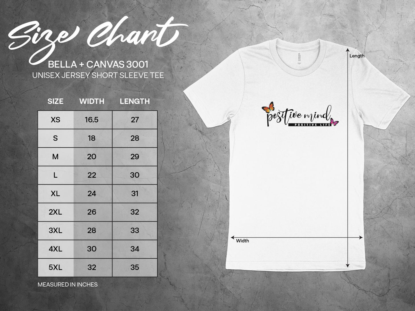 Positive Mind Positive Life shirt size chart, unisex sizing from S to 3XL