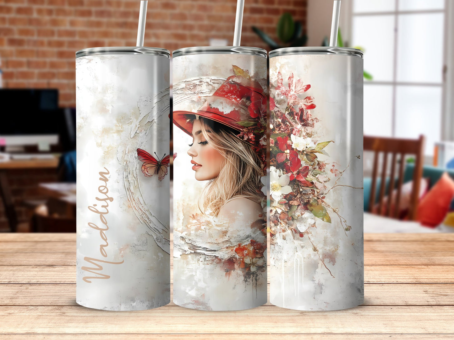Pretty woman tumbler on table, 20oz stainless steel with elegant woman design and durable construction