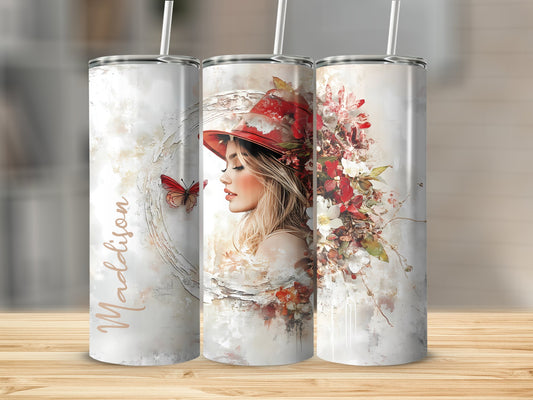 Pretty woman custom tumbler with 20oz stainless steel body, featuring an elegant woman illustration for stylish sipping