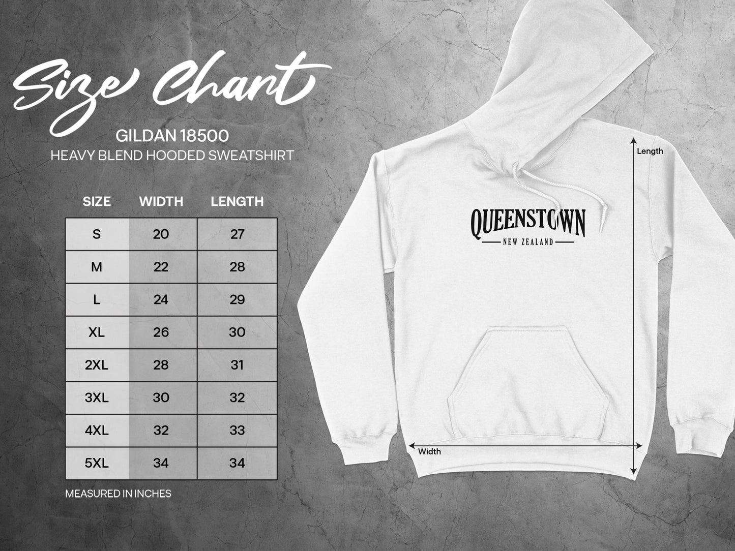 Queenstown New Zealand Hoodie size chart with unisex chest, body length, and sleeve measurements.