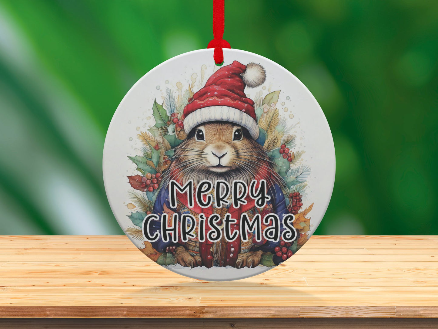 Round aluminium ornament with a cute rabbit in a holiday setting, perfect for Christmas gifting