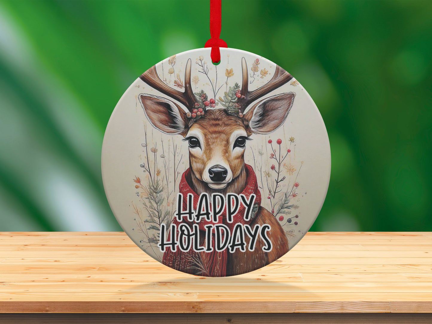Round aluminium ornament with a reindeer illustration, ideal for adding a whimsical touch to seasonal decor