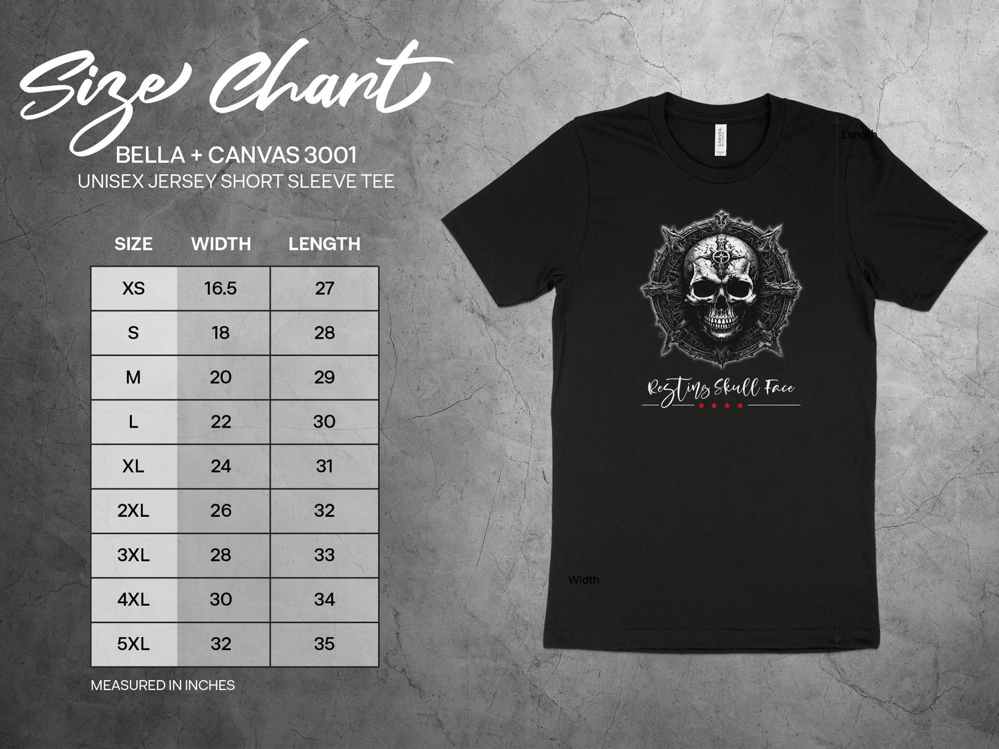 Size chart Resting Skull Face t-shirt, available from S to 3XL, designed for a relaxed and comfortable fit in soft cotton.