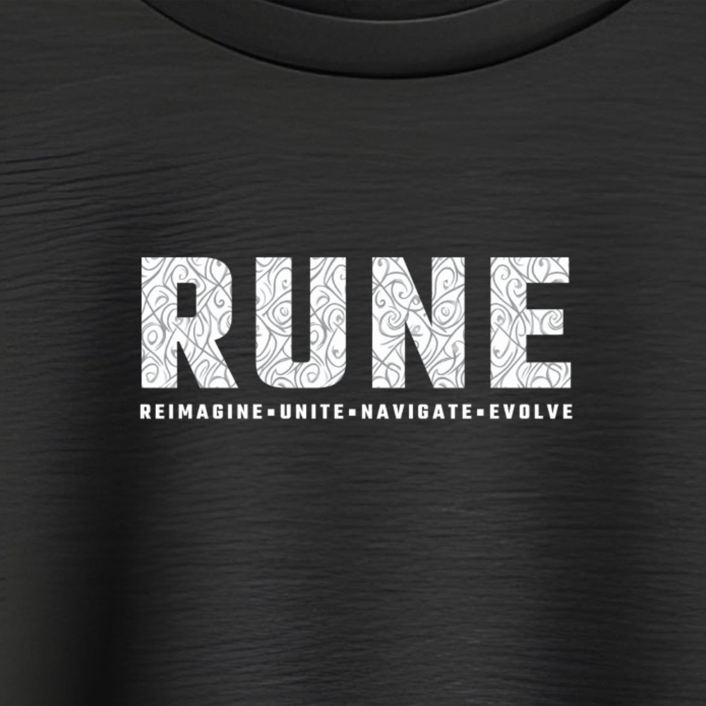 RUNE T-shirt Logo close up, empowering inspirational motto on a short sleeve crew neck unisex tee from Vogue Art Studio.