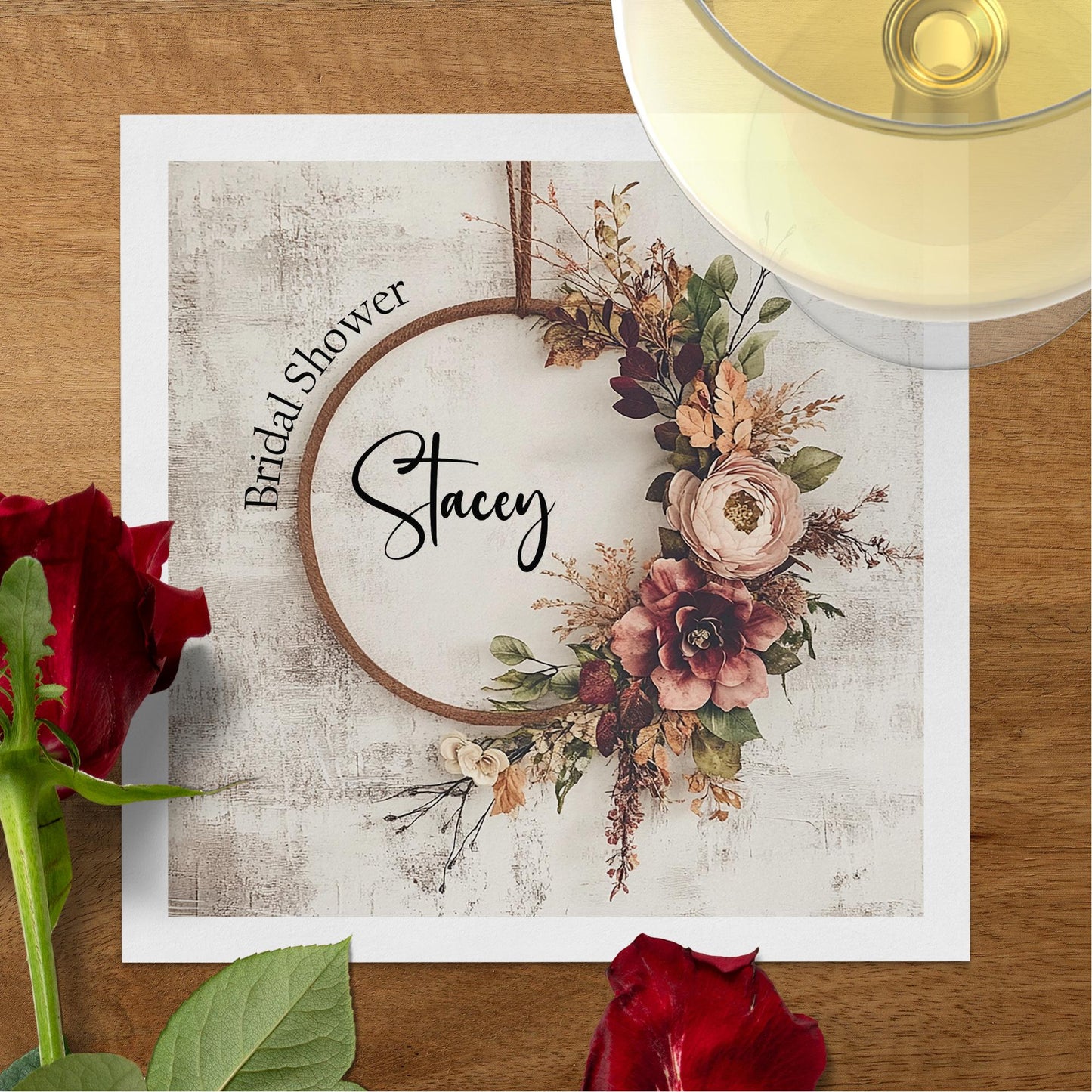 Celebrate with custom rustic wreath napkins, perfect for creating a welcoming vibe at your bridal shower.
