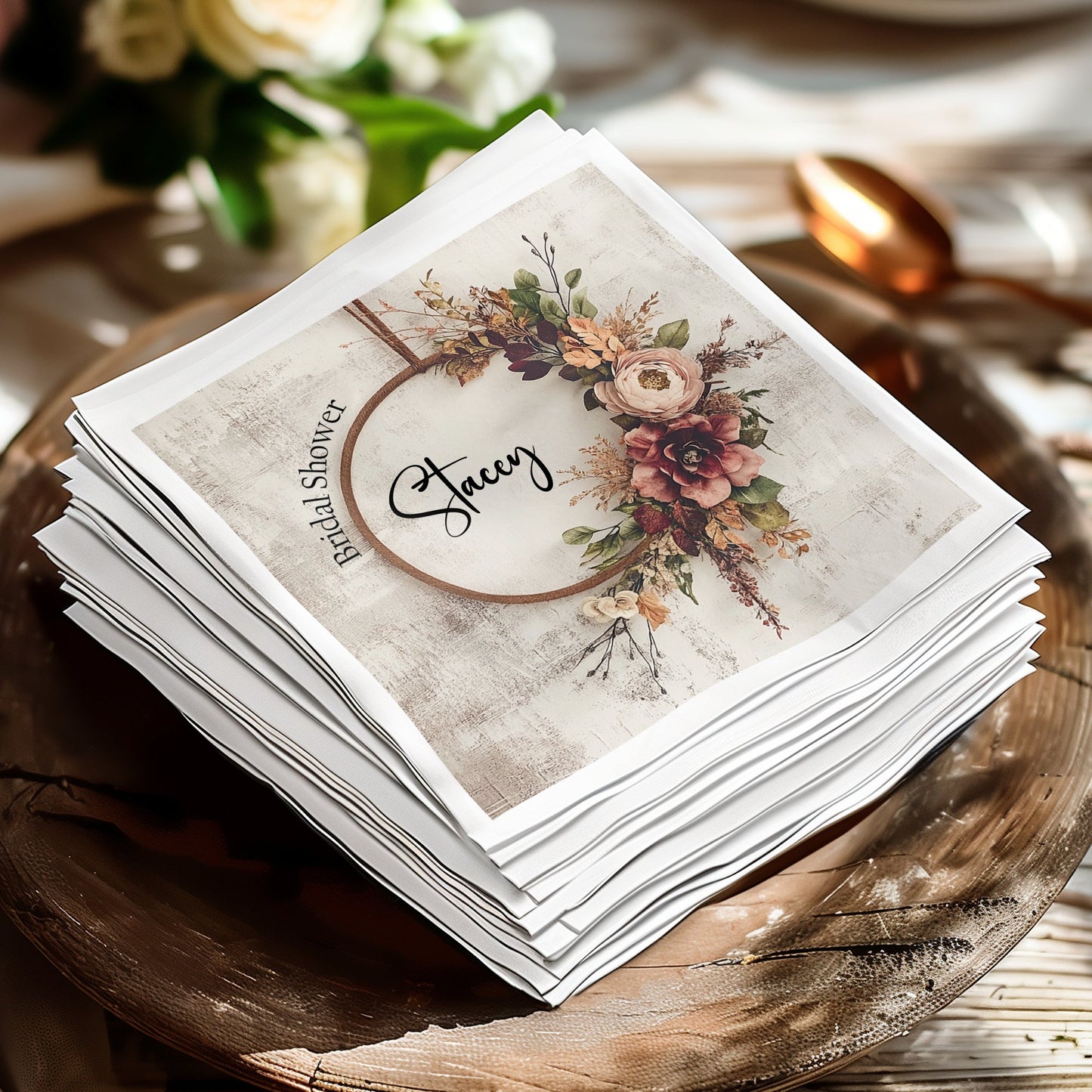 Elegant rustic wreath napkins to bring a touch of natural beauty to your bridal shower.