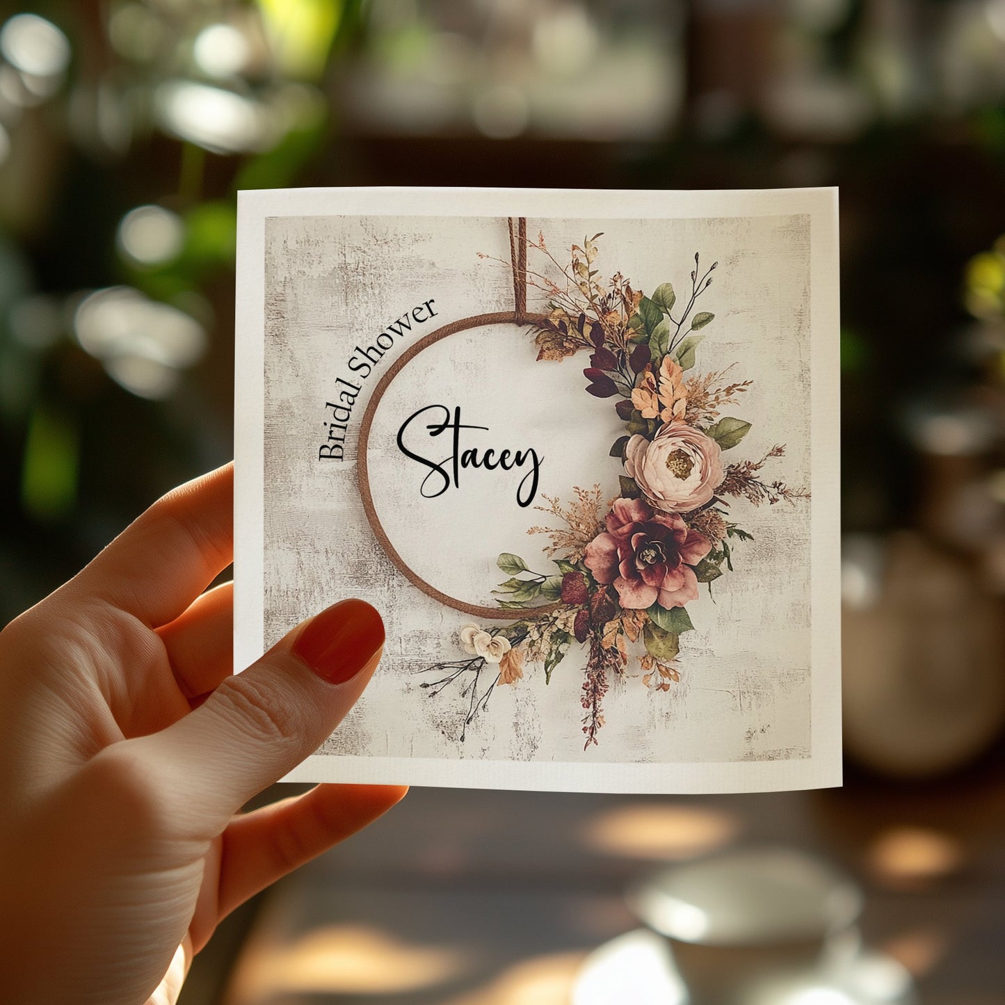 Custom rustic wreath napkins to complement your bridal shower décor with a touch of warmth and style.