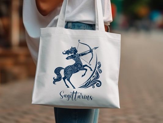 Sagittarius zodiac tote with arrow constellation print and roomy design.