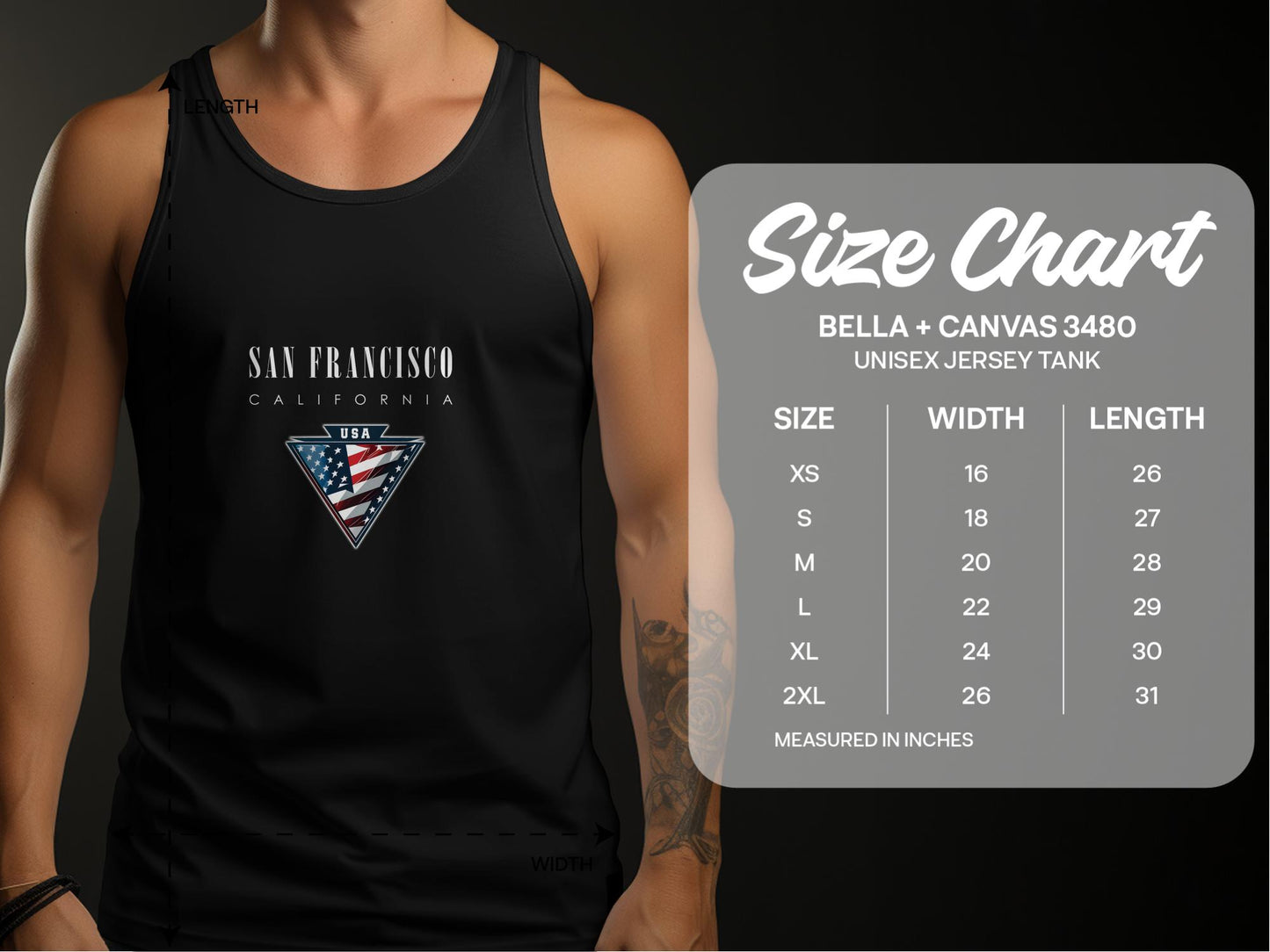 San Francisco Tank Top size chart with unisex fit, chest and length measurements from small to 2XL.