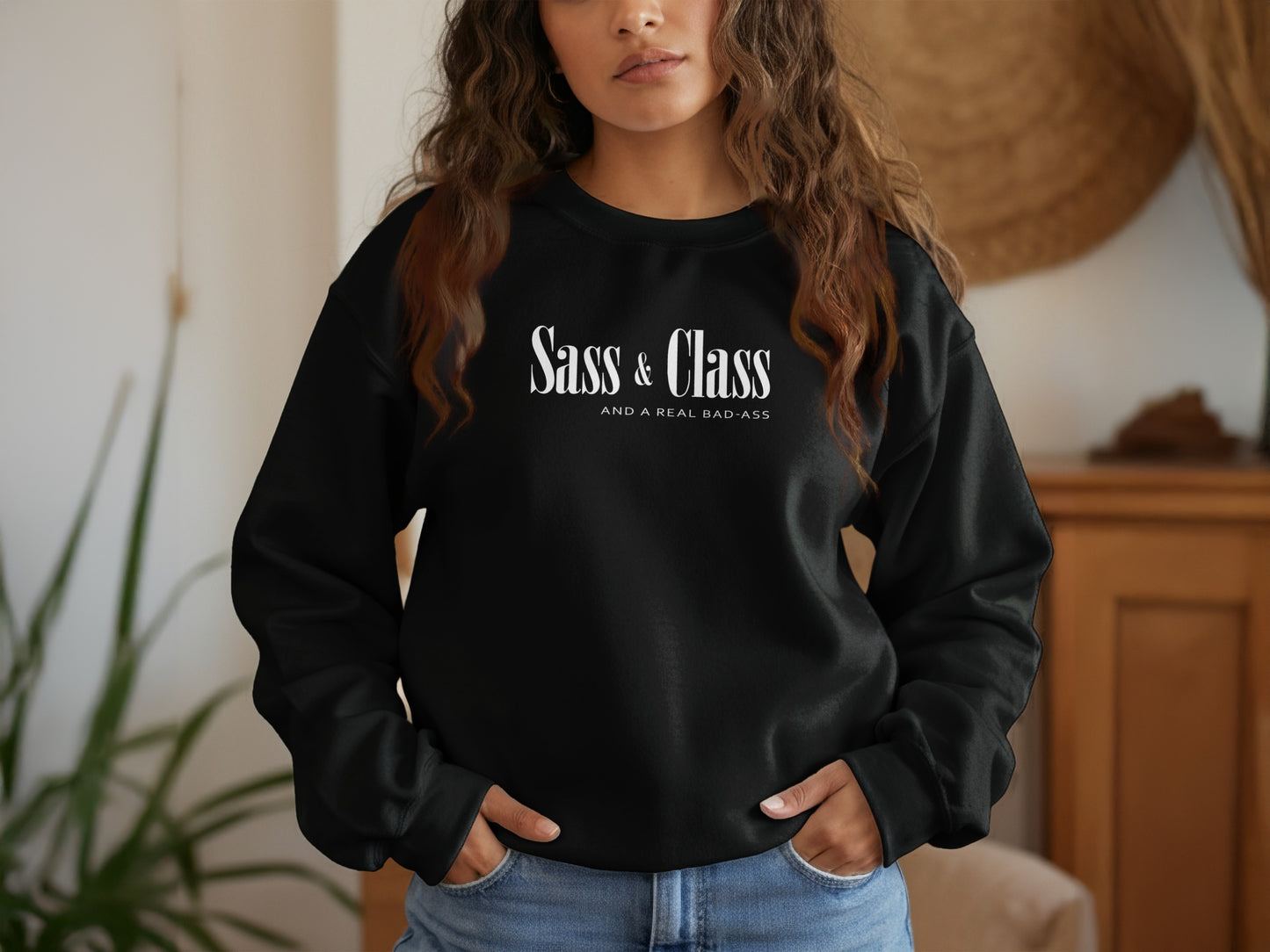 Black Sass and Class sweatshirt with bold slogan print, soft fleece interior, and relaxed unisex streetwear style.