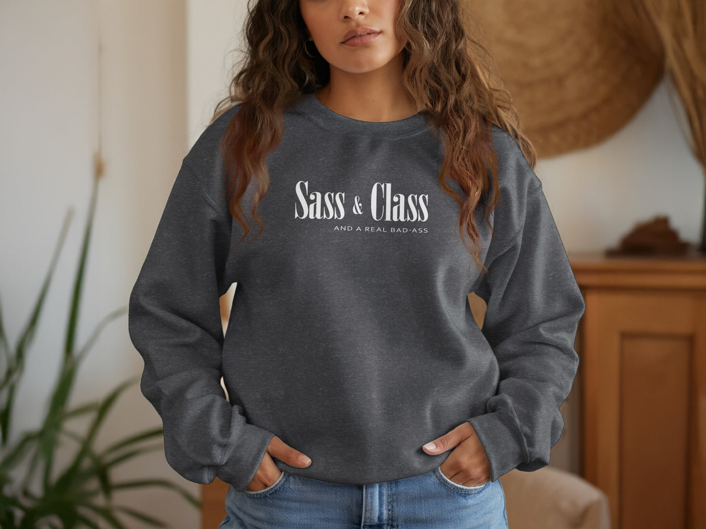 Dark heather Sass and Class sweatshirt with bold typography, breathable cotton-blend fleece, and versatile layering style.