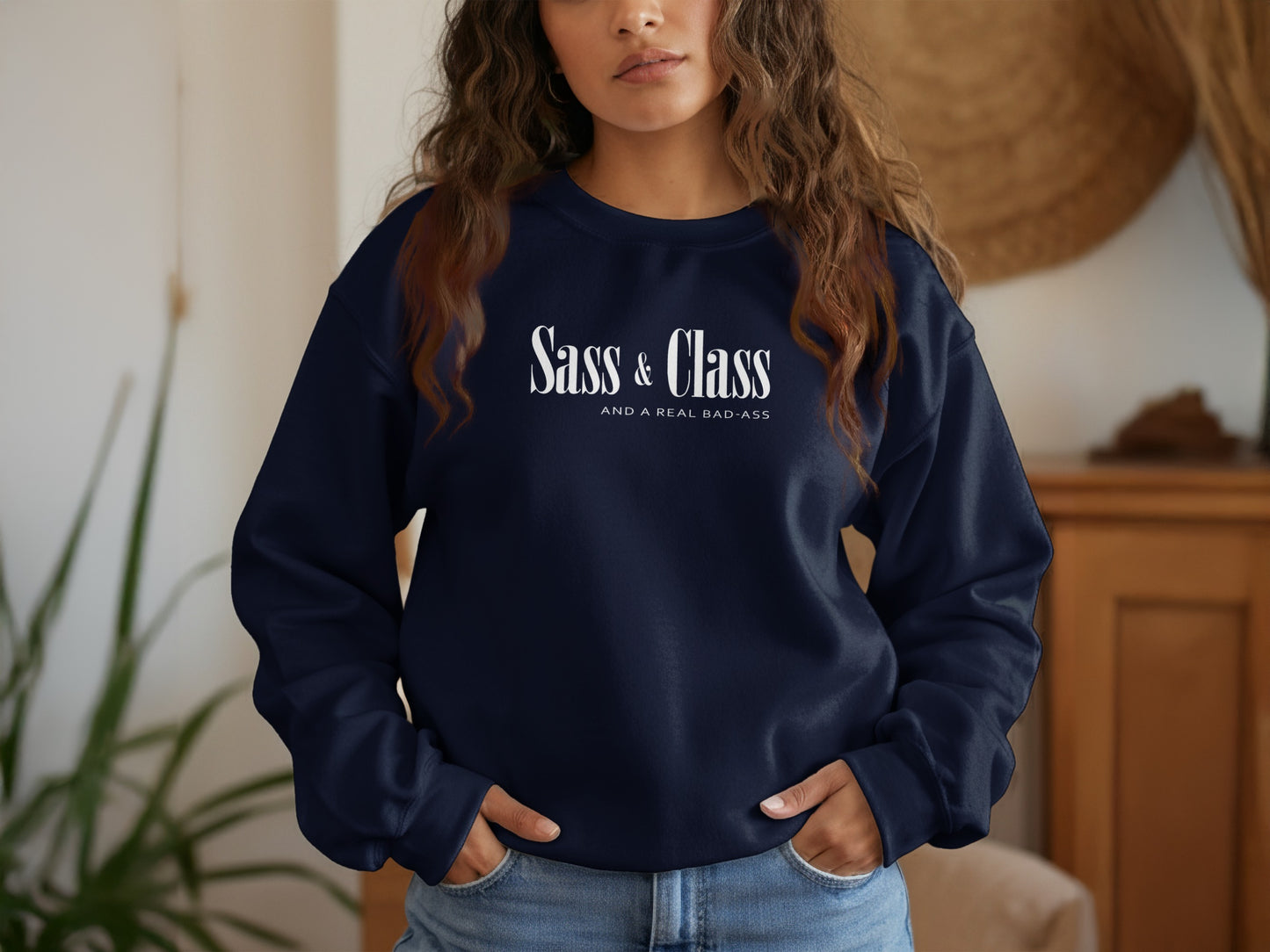 Navy Sass and Class crew neck sweatshirt featuring empowering quote, cozy cotton blend, and casual everyday fit.
