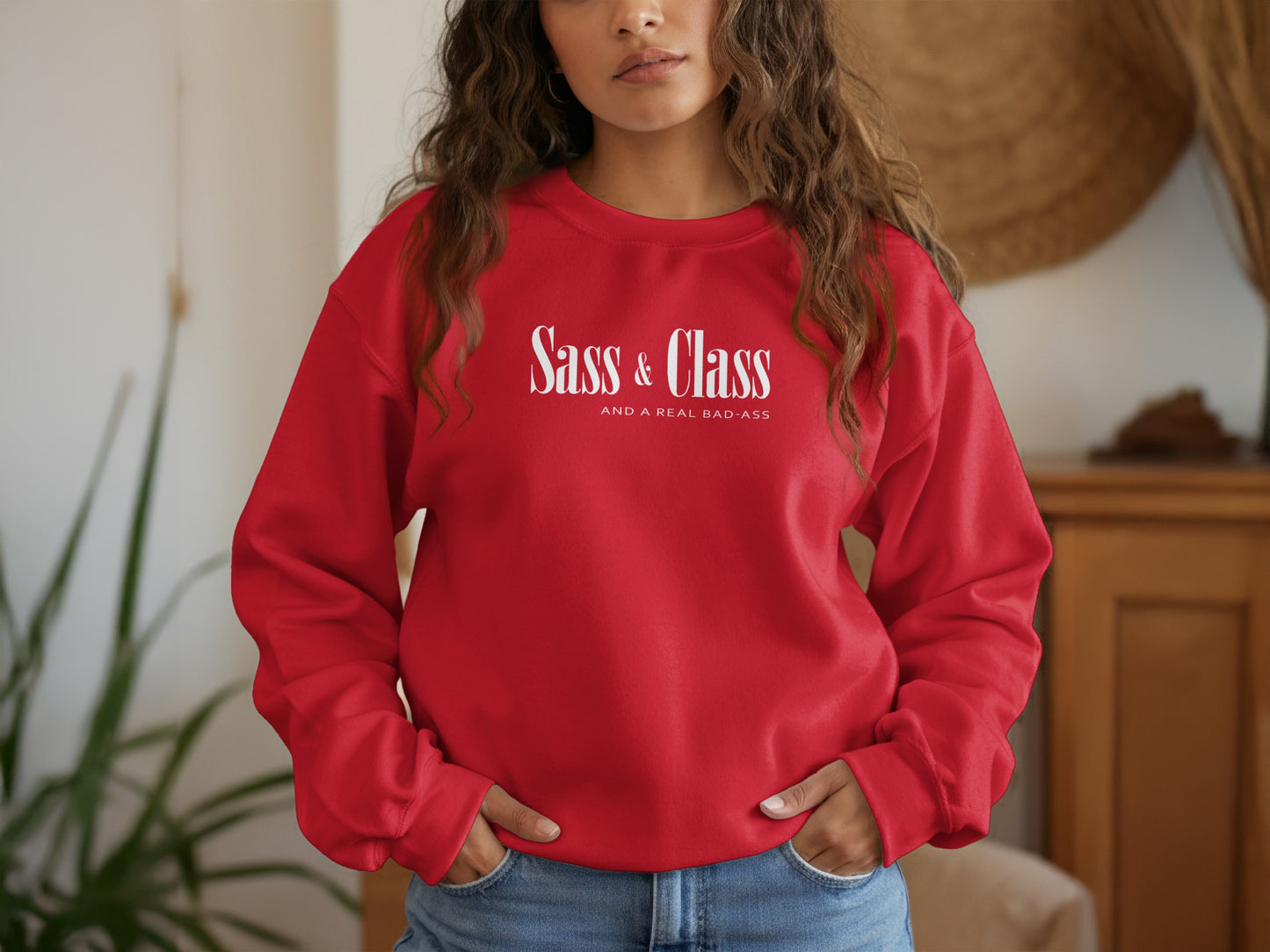 Red Sass and Class pullover sweatshirt with statement graphic, warm fleece lining, and confident streetwear vibe.