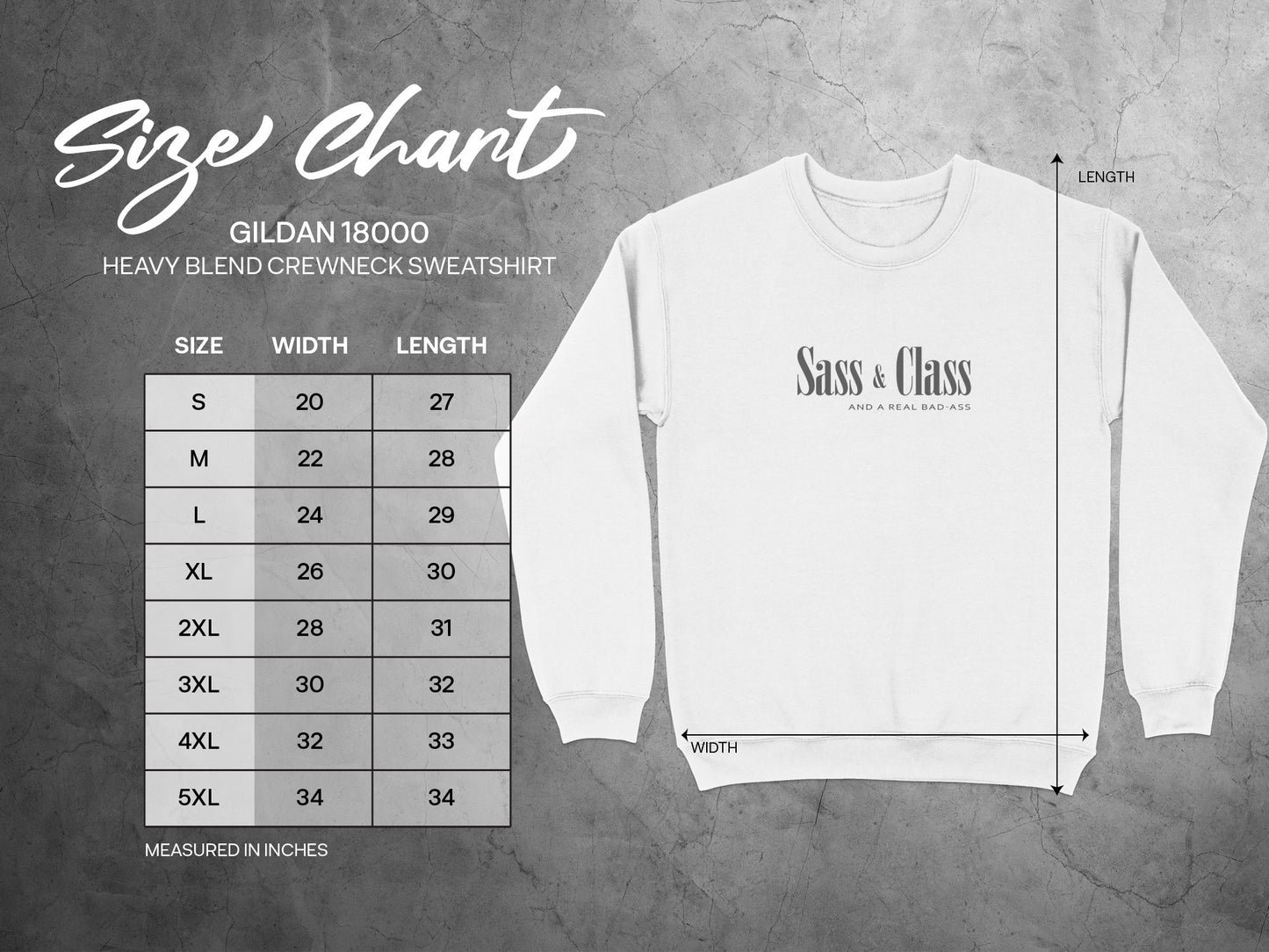 Unisex size chart for Sass and Class sweatshirt with chest width and length measurements for accurate relaxed fit.